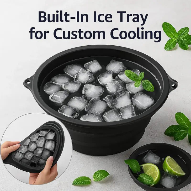 Black ice tray with built-in ice cubes and a bowl of iced drinks on a light background.