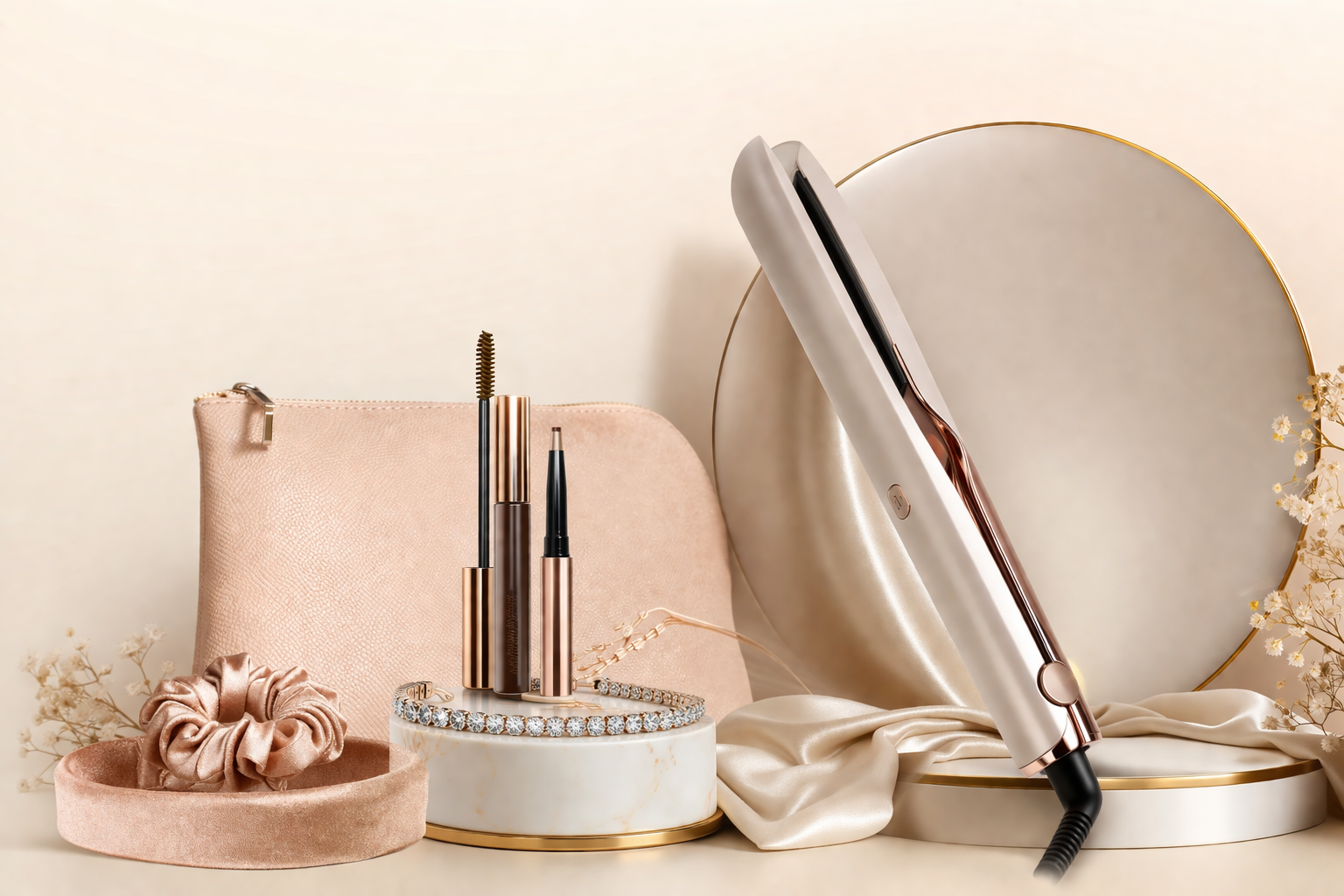 Makeup tools including a hair straightener, mirror, and cosmetic items on a neutral background - Cozyecom