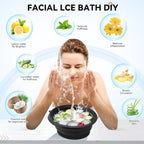 Woman performing a facial ice bath with ingredients and benefits displayed around her.