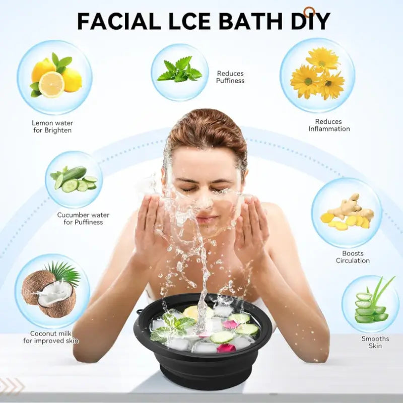 Woman performing a facial ice bath with ingredients and benefits displayed around her.