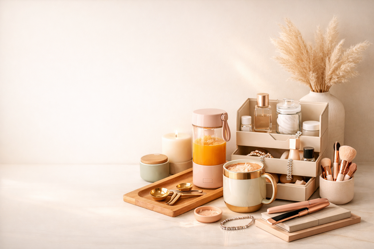 Collection of beauty products and accessories on a wooden surface with a neutral background cozyecom
